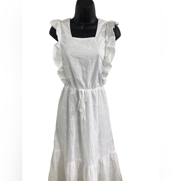White eyelet lace tiered ruffle front tiered prairie style dress size medium new - Picture 1 of 15